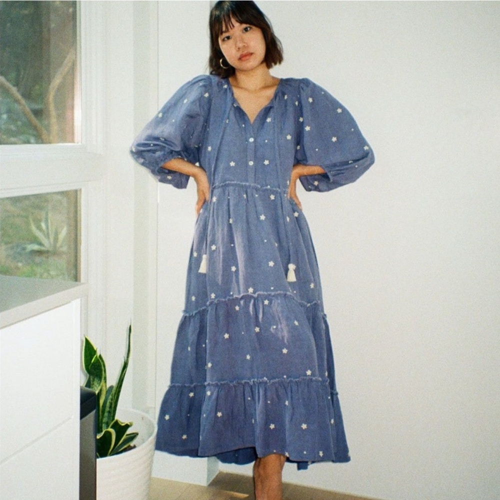 Harper Sage Secret Garden Dress puff Sleeves daisy & polka dot blue Midi dress